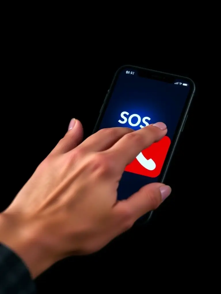 A close-up of the SOS button on the Lifeline+ app interface, with a hand hovering over it, ready to press for immediate assistance.