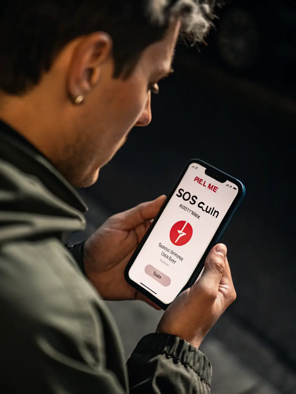 A person pressing the SOS button on the Lifeline+ app, with a concerned expression, indicating the urgency of the situation.