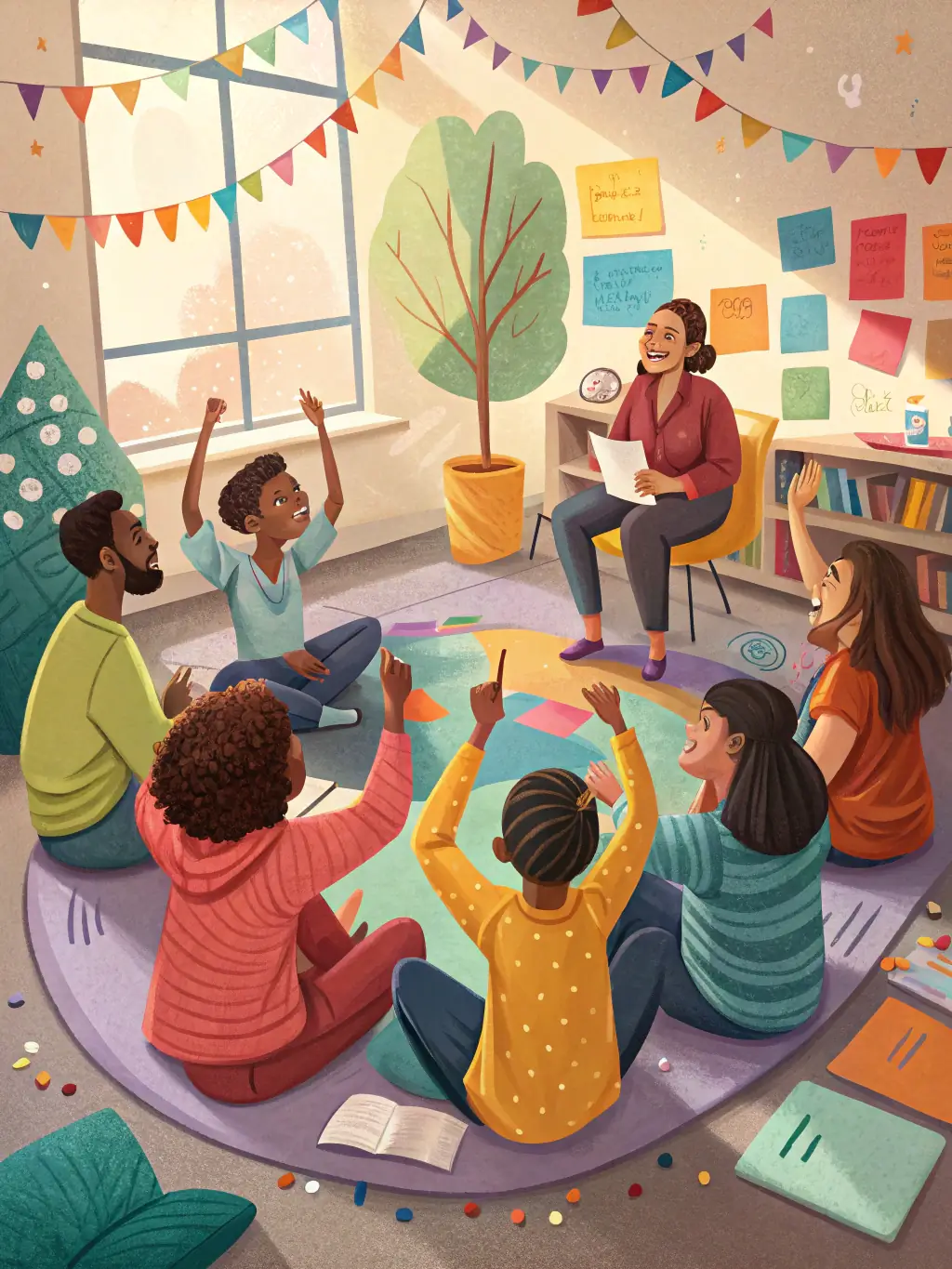 A community center with people participating in various activities, such as workshops and support groups. The scene is vibrant and inclusive, representing community resources.