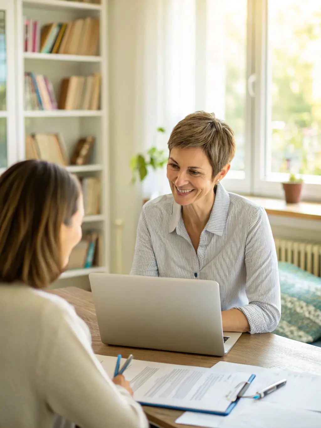 A counselor in a brightly lit office, listening attentively to a client. The scene conveys empathy and understanding, representing individual counseling sessions at LifeLine+.