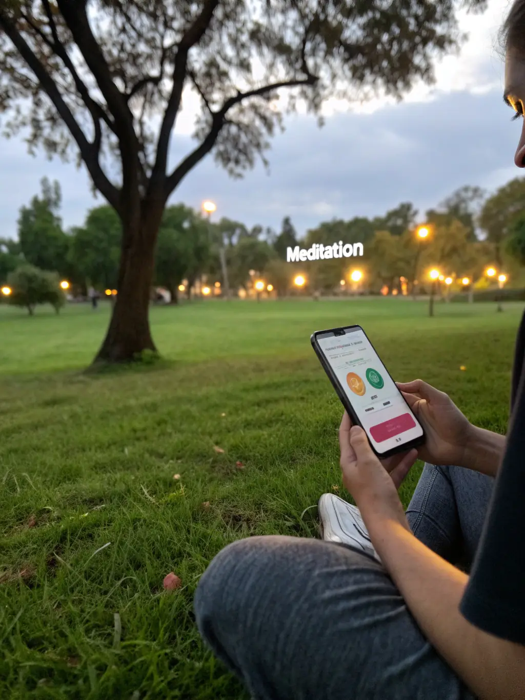 A person meditating with the Lifeline+ app's guided meditation feature, in a peaceful setting with soft lighting.
