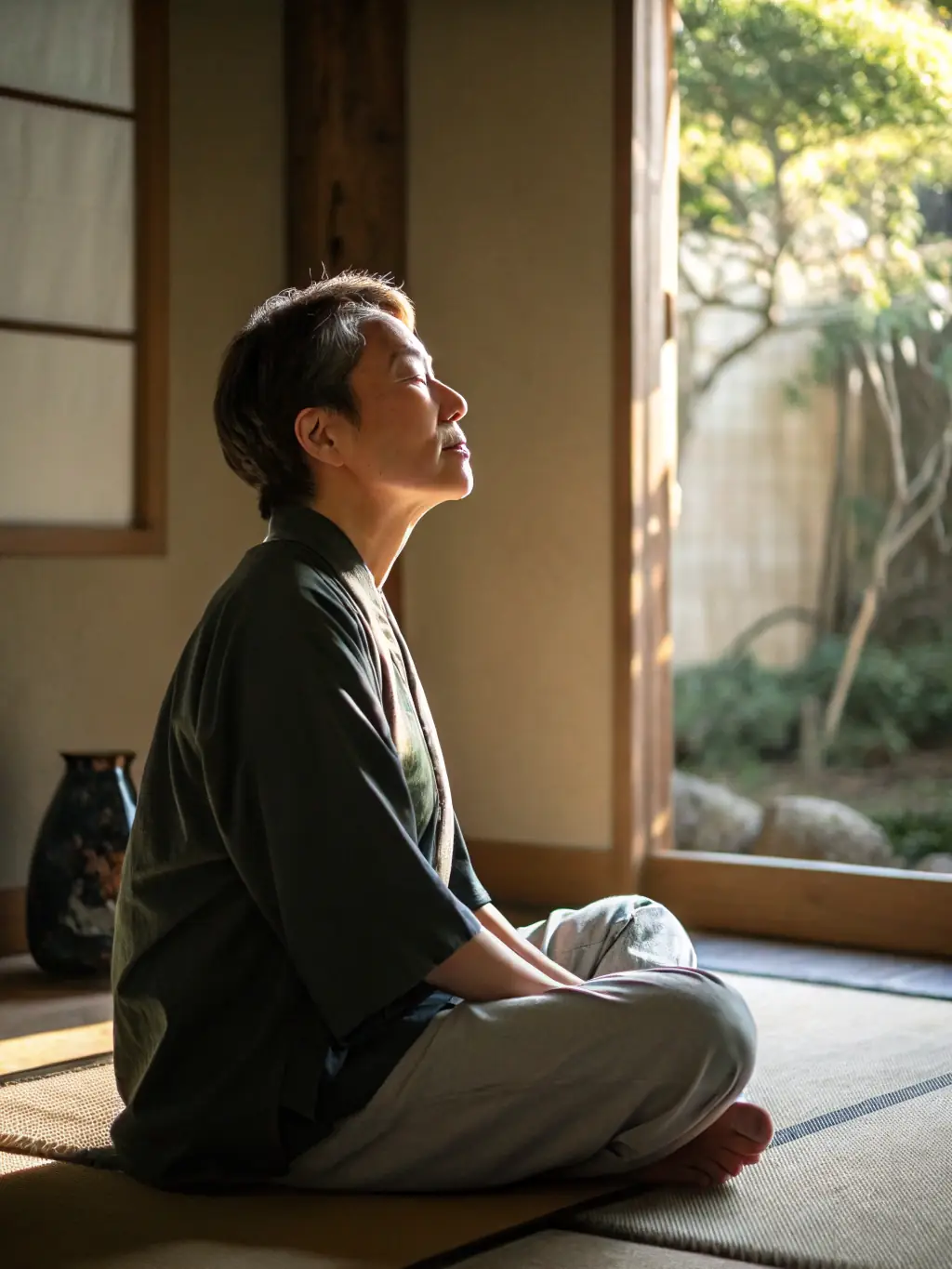 A person practicing guided meditation on the Lifeline+ app, with a serene and peaceful expression, indicating the calming effect of the session.