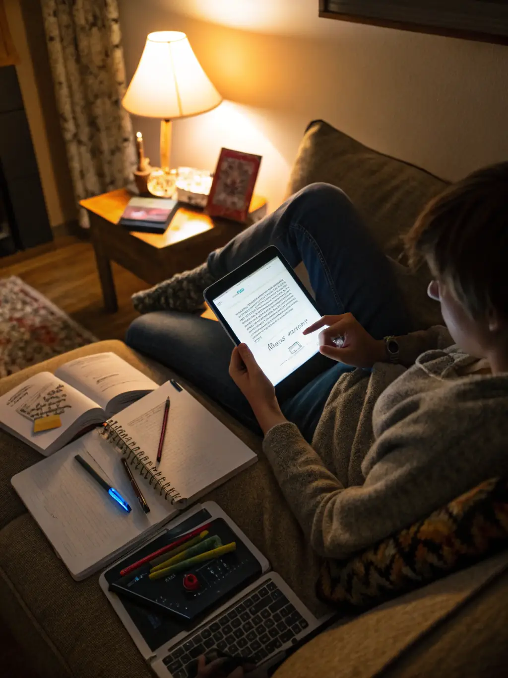 A person reading daily resources on the Lifeline+ app, with a focused and engaged expression, indicating their commitment to learning and growth.