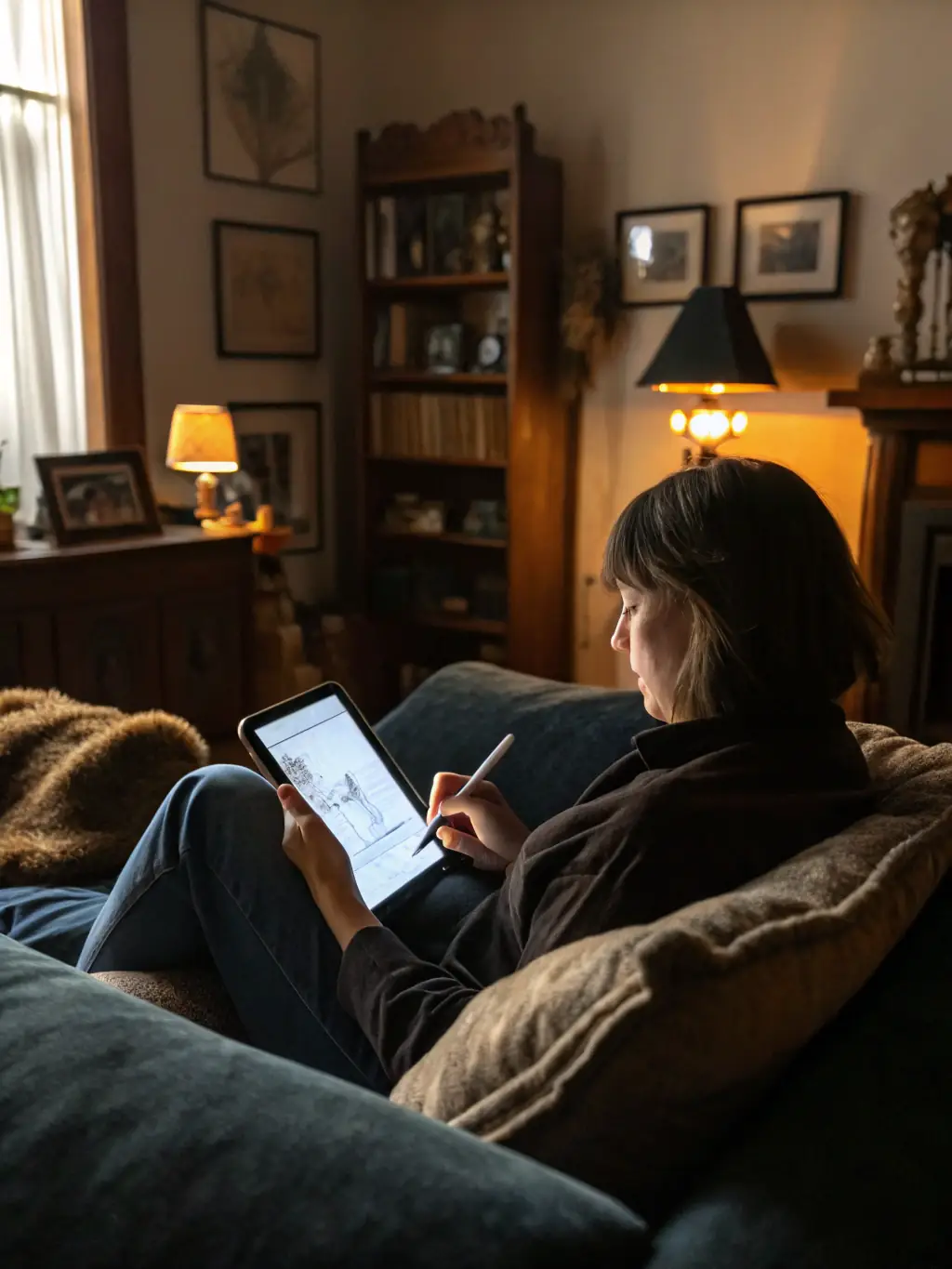 A person using the journaling feature on the Lifeline+ app, writing about their feelings and experiences in a serene environment.